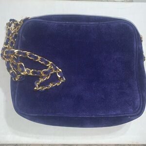 Vintage Italian Blue Suede Leather Bag Gold Chain / Leather Strap